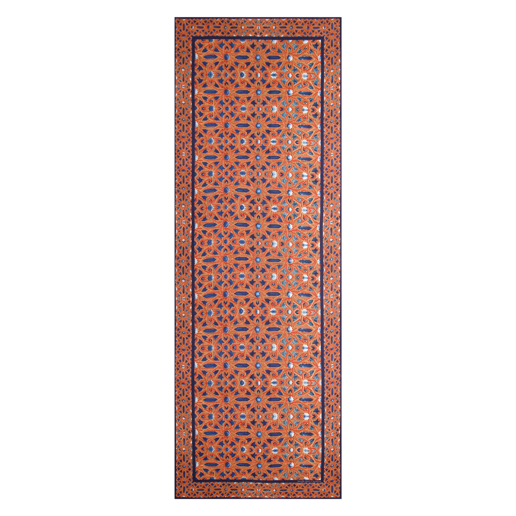 The "Moorish Tiles Inspired Modal Scarf - Alcázar Genil" displays intricate blue, red, and gold geometric patterns framed by a decorative border, with symmetrical motifs inspired by Andalusí Islamic art.