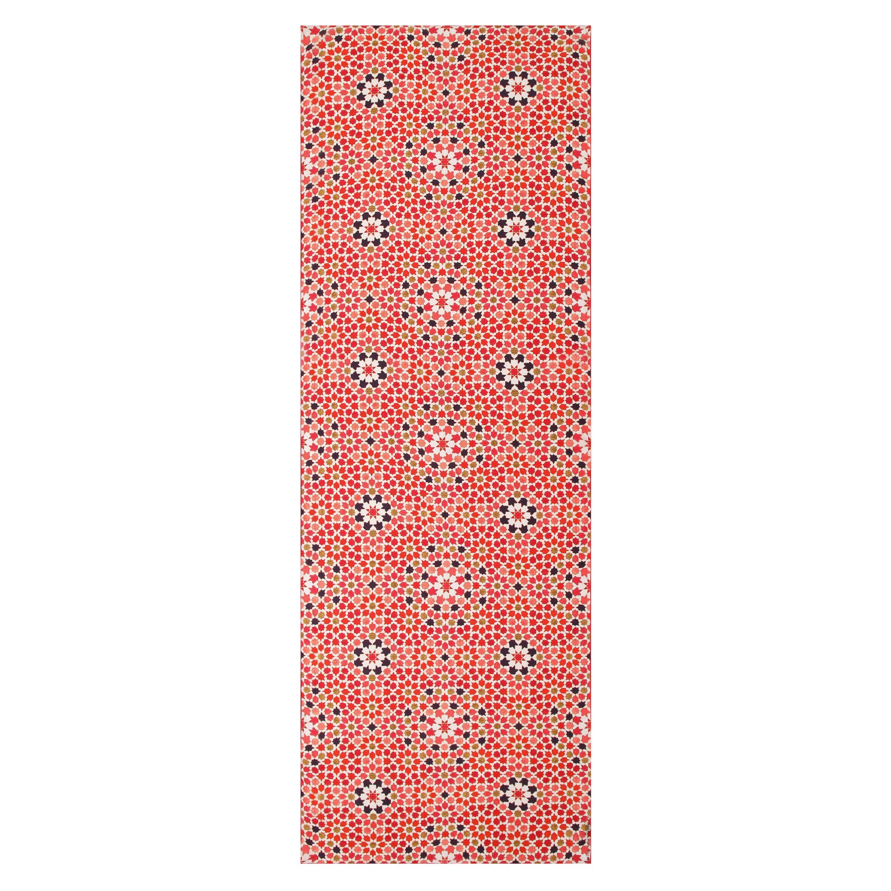 Red silk scarf inspired by Islamic Art Print, featuring Alhambra’s intricate Andalusian geometric and floral motifs in black, white, and beige on a red background.