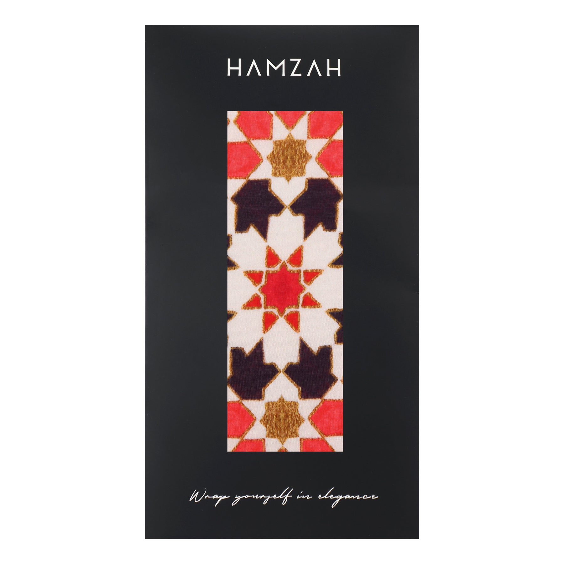The Red Silk Scarf with Islamic Art Print Alhambra features Andalusian geometric designs in red, black, and gold, and comes in black packaging labeled HAMZAH at the top and Wrap yourself in elegance at the bottom.