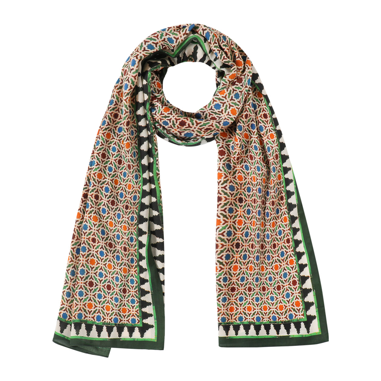 Vibrant Alhambra tiles inspired scarf with orange, green, blue, and brown geometric patterns.