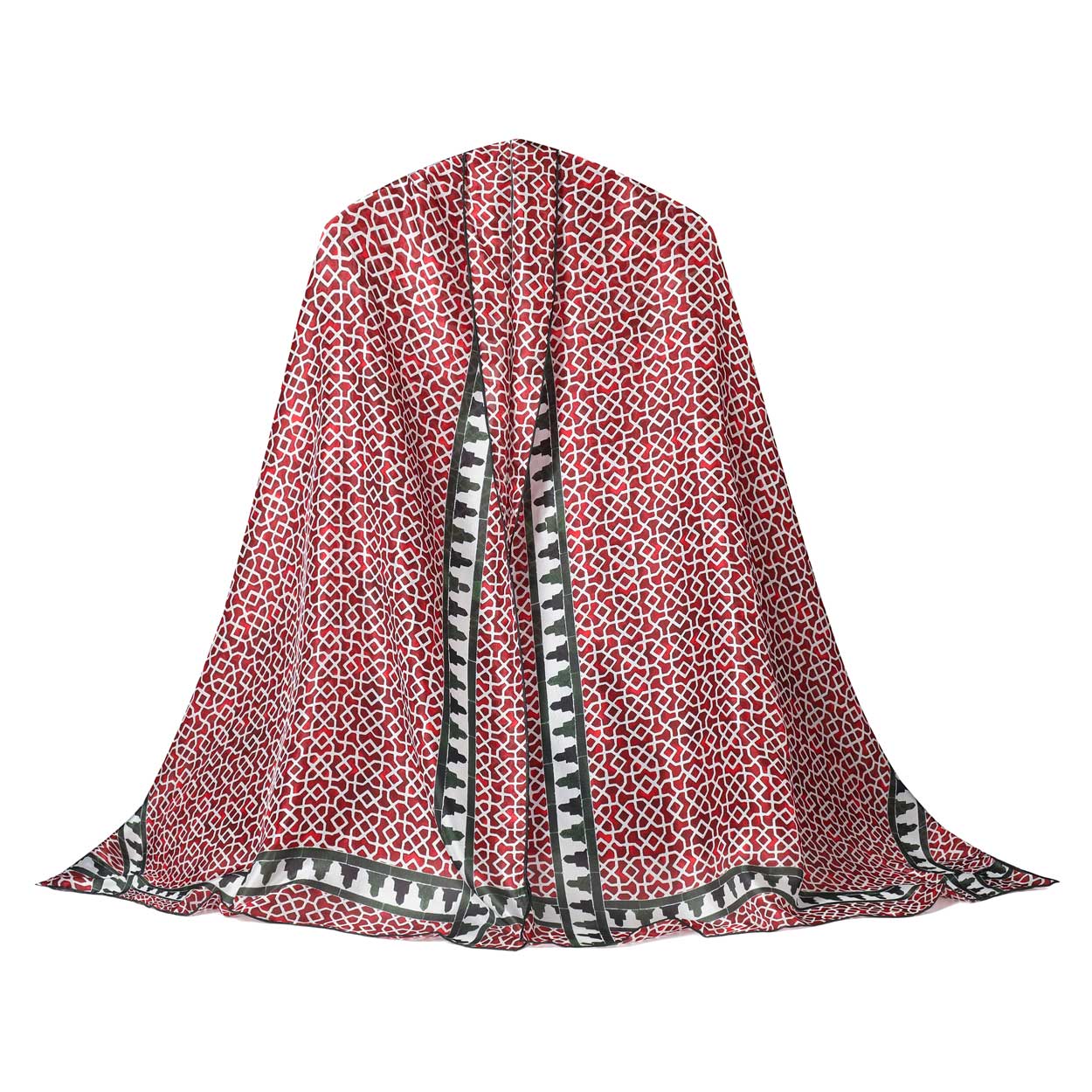 Elegant Andalusian silk scarf with red, green, and white Moorish-inspired geometric patterns, fully displayed.