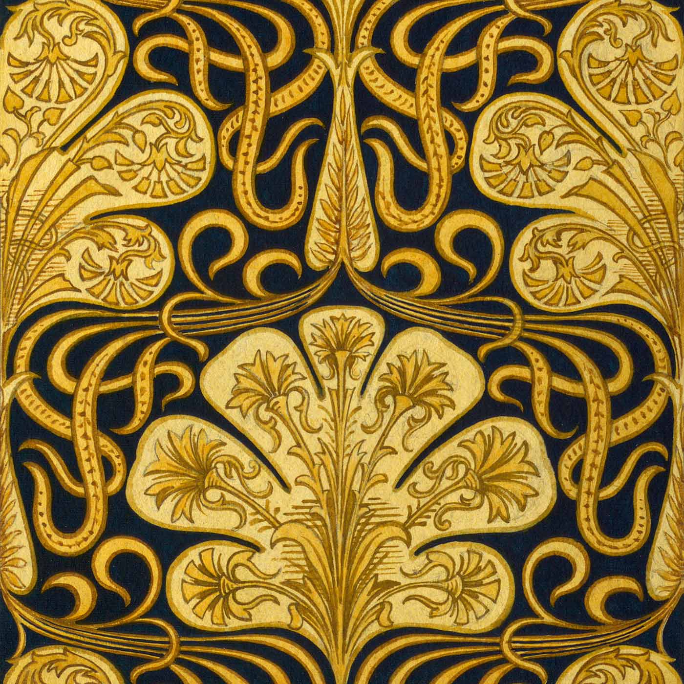Intricate floral and leafy gold patterns on a dark blue background, featuring symmetrical, swirling vines and stylized flowers in an ornate, decorative design reminiscent of Art Nouveau or vintage fabric.