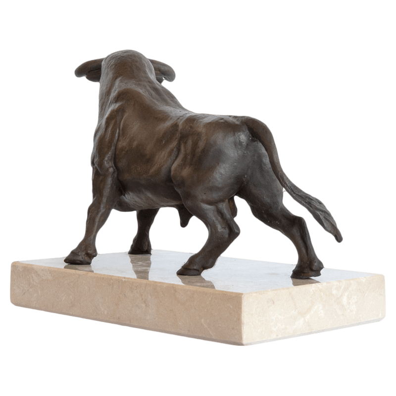 back view of fighting bull bronze sculpture with marble base