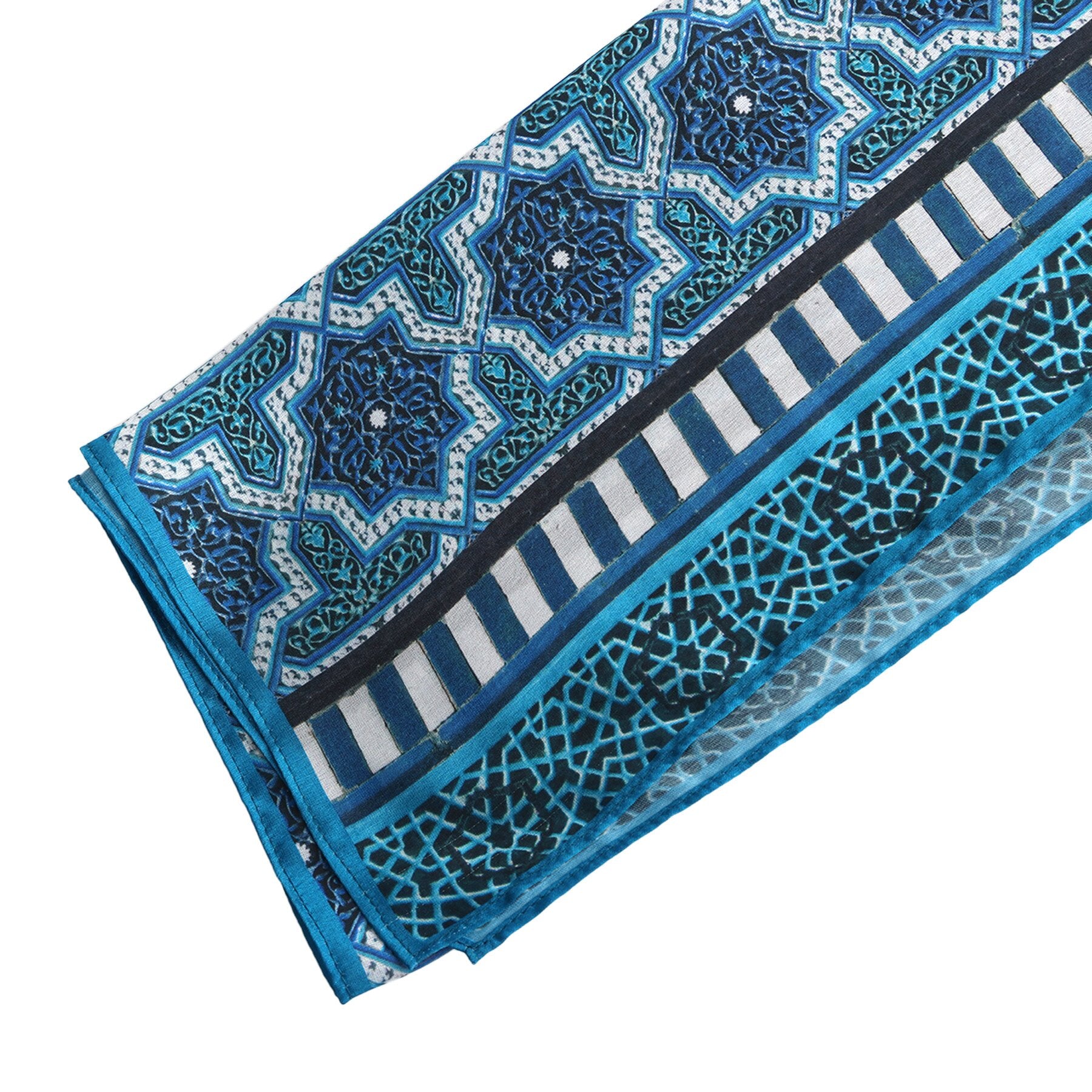 Pañuelo Badi – estampado de mosaico andalusí en azul petróleo, detalle 7