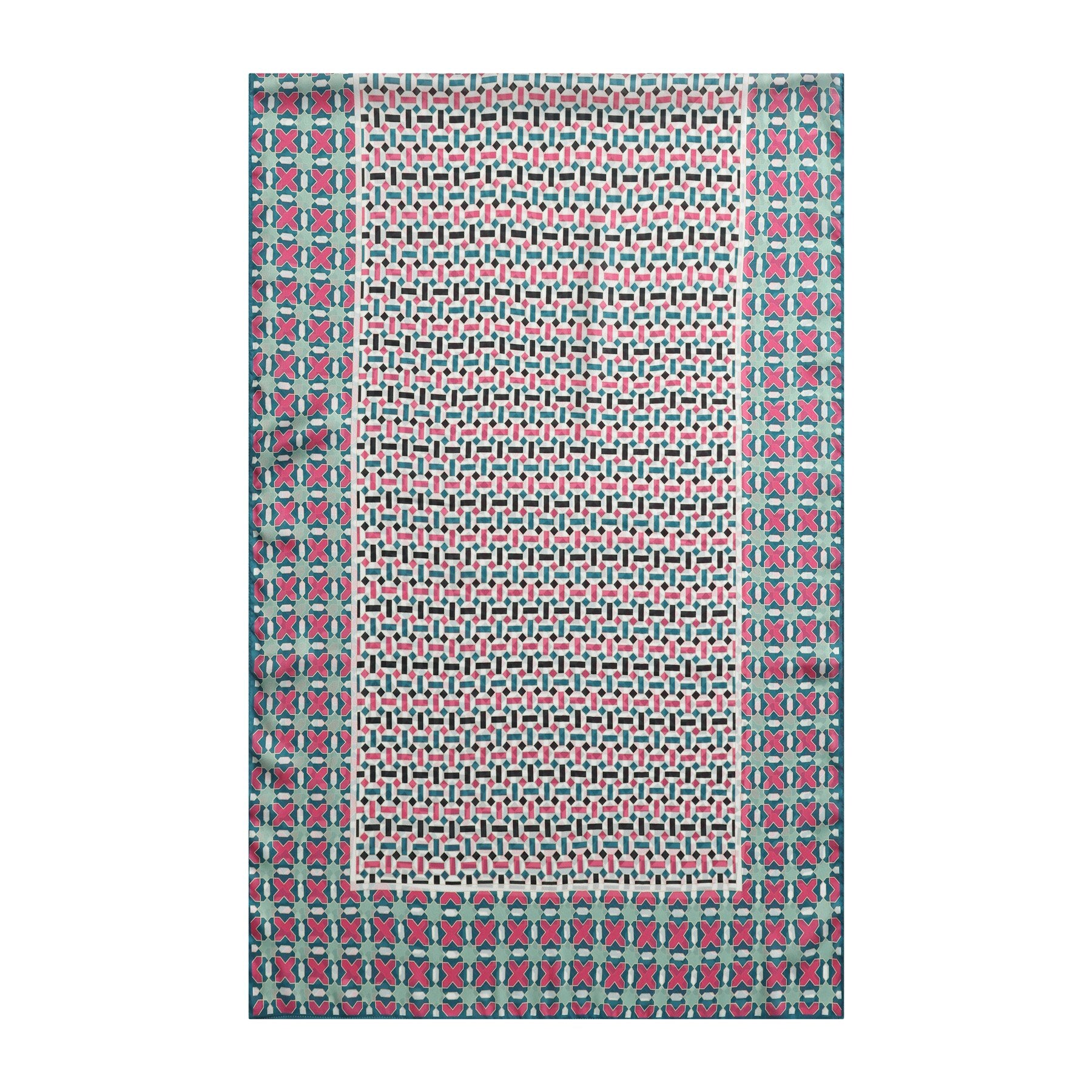 Pañuelo Bahr – estampado de mosaico andalusí en rosa y verde azulado, detalle 1