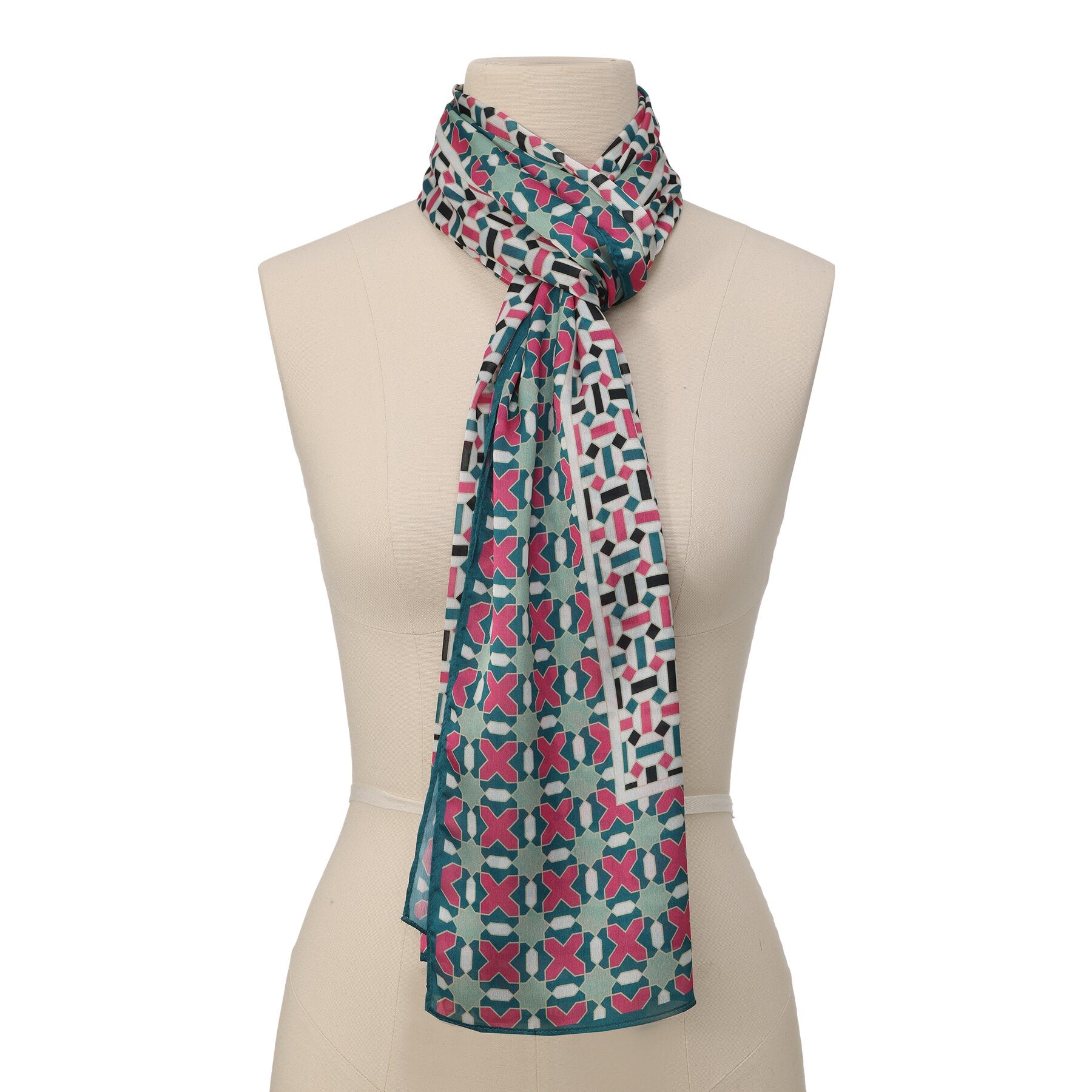 Pañuelo Bahr – estampado de mosaico andalusí en rosa y verde azulado, detalle 2