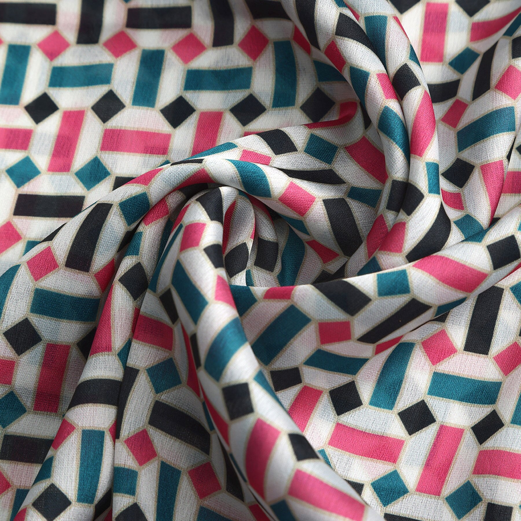 Pañuelo Bahr – estampado de mosaico andalusí en rosa y verde azulado, detalle 4