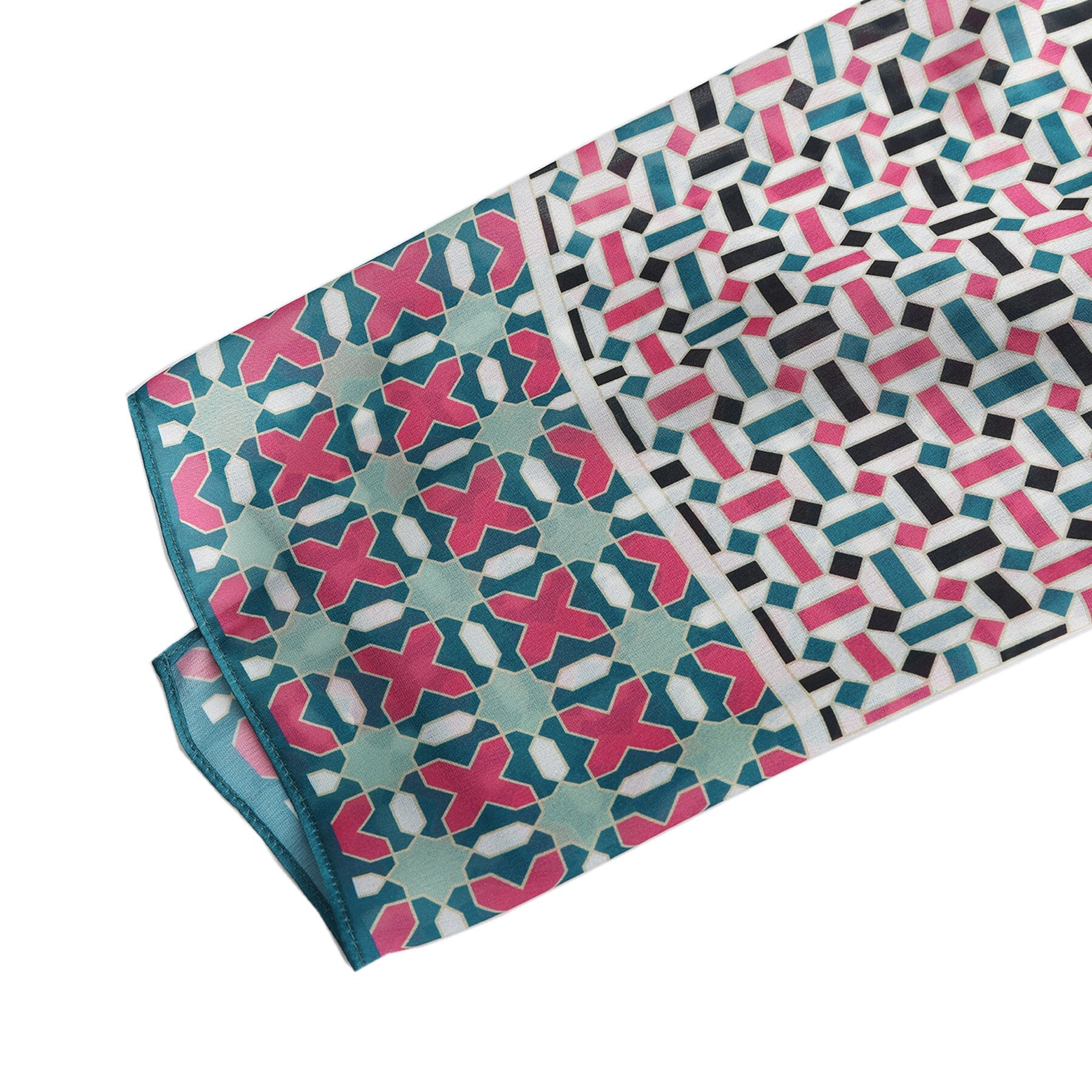 Pañuelo Bahr – estampado de mosaico andalusí en rosa y verde azulado, detalle 7