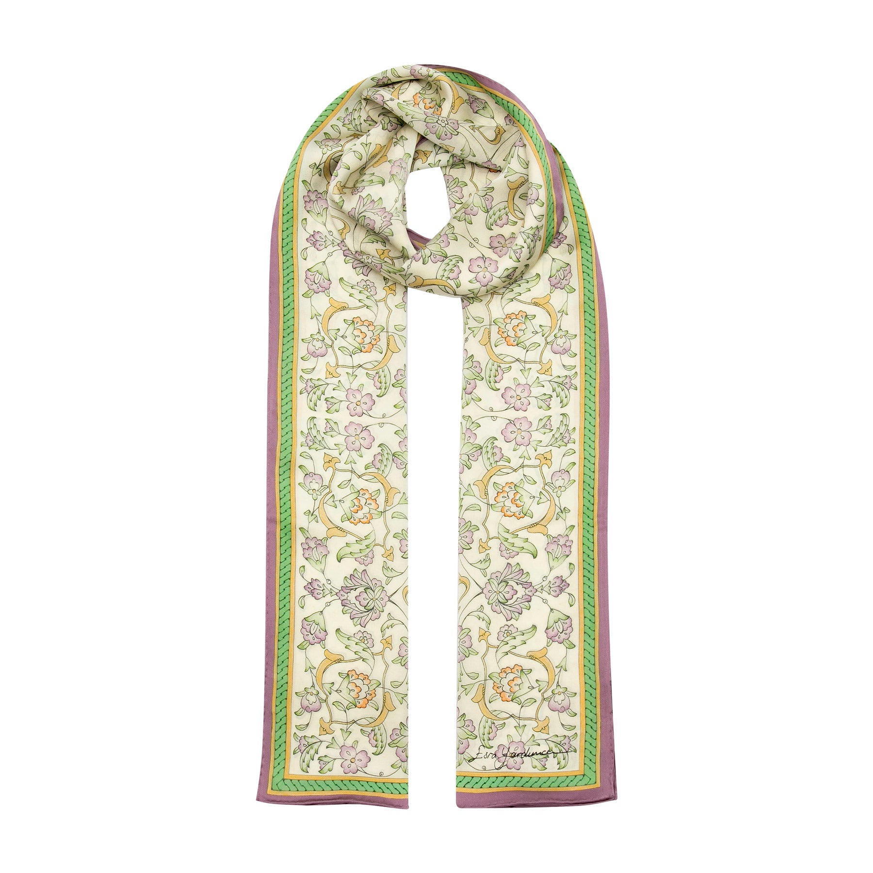 Beige Silk Scarf with Ottoman Print Halkar · Double-Sided, draped around the neck