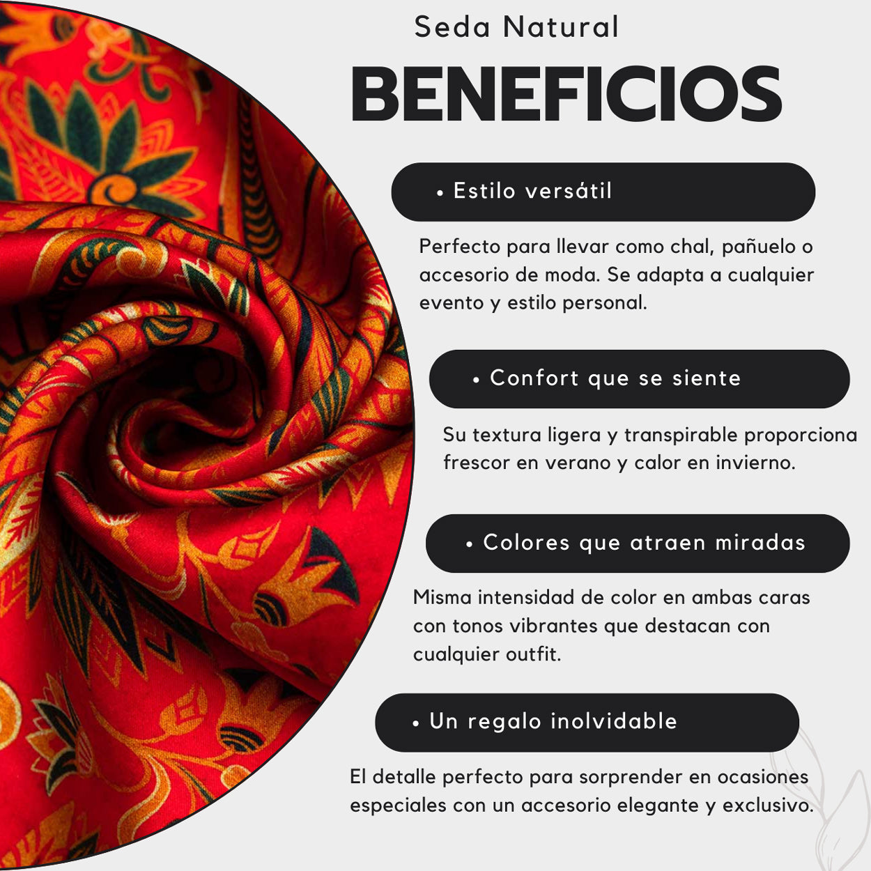 Infographic showing a red silk scarf with ornate floral patterns on the left, plus four bullet-point benefits of silk: versatile style, comfort, vibrant colors, and an unforgettable gift.