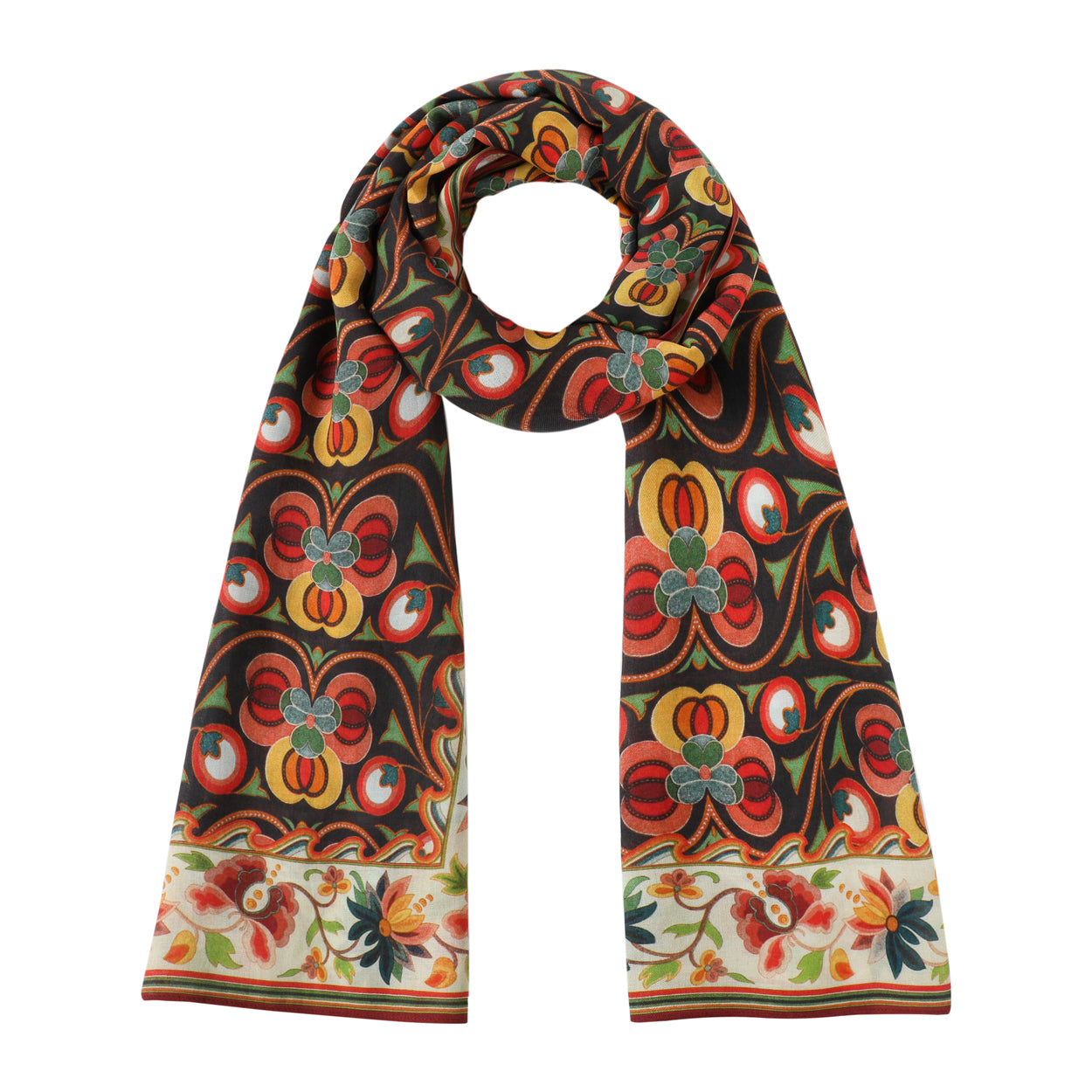 Black scarf with vibrant floral Isfahan-inspired print.