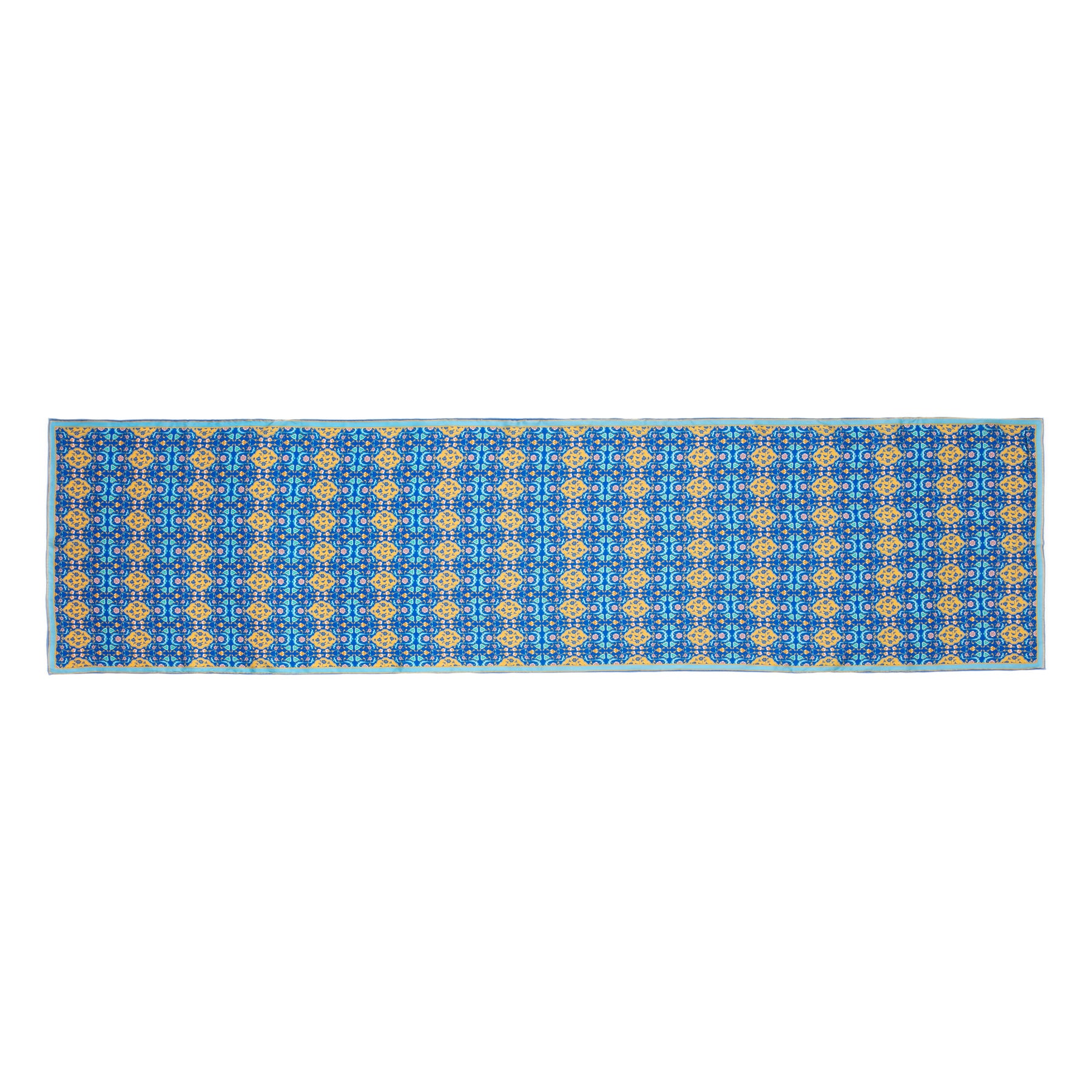 Blue and Brown Silk Scarf with Oriental Pattern Bulut · Double-Sided, shown flat with the full print