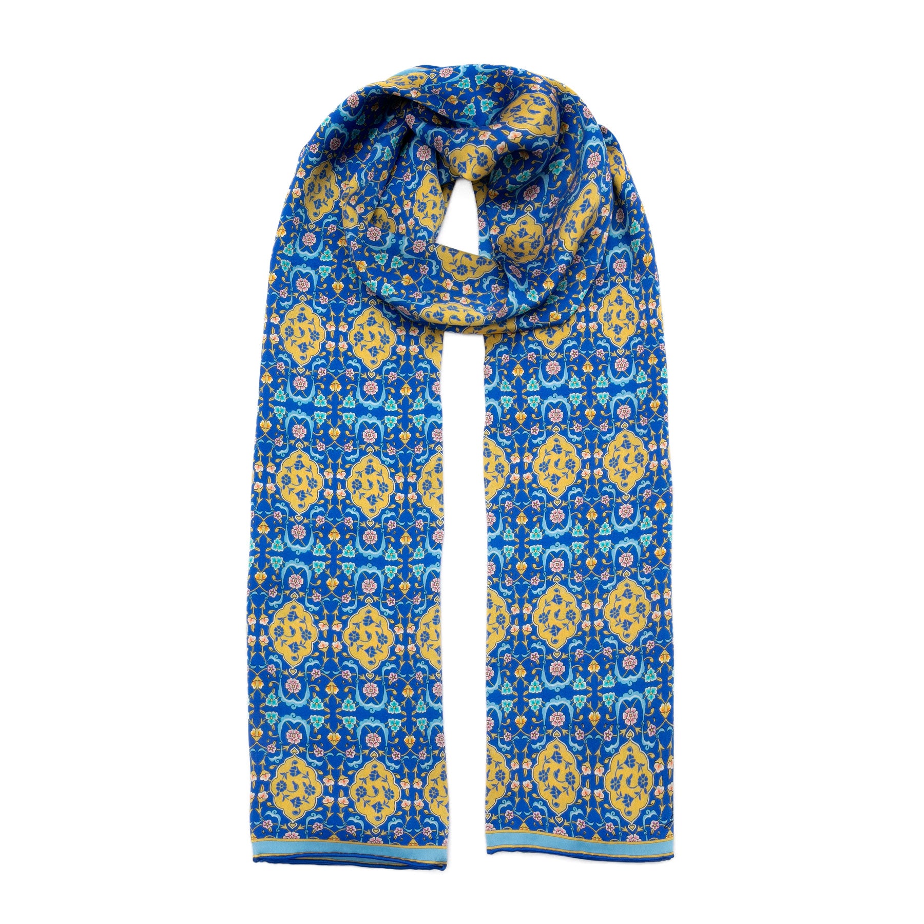 Blue and Brown Silk Scarf with Oriental Pattern Bulut · Double-Sided, draped around the neck