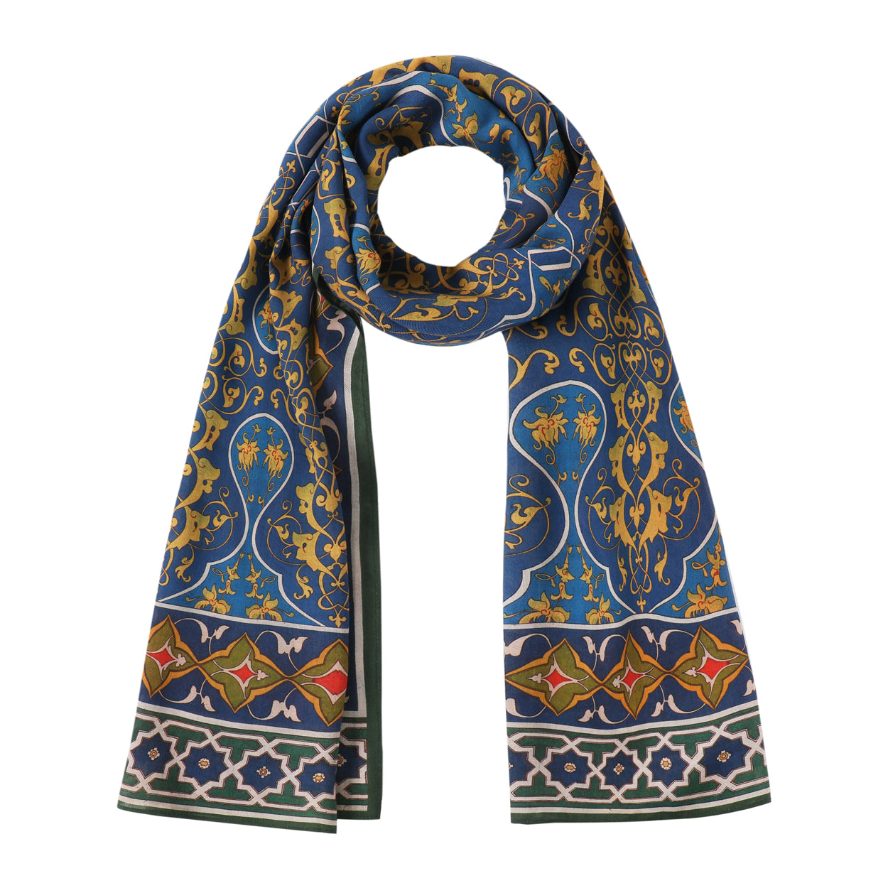 Blue and green scarf with arabesque motifs draped in a loop.