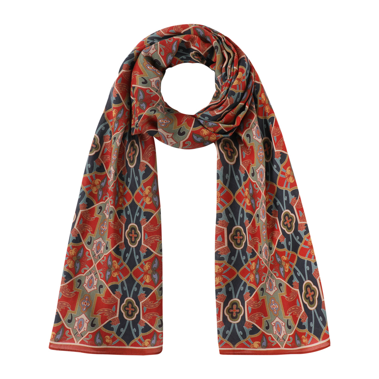 Blue and red neck scarf with a Turkish art-inspired geometric print