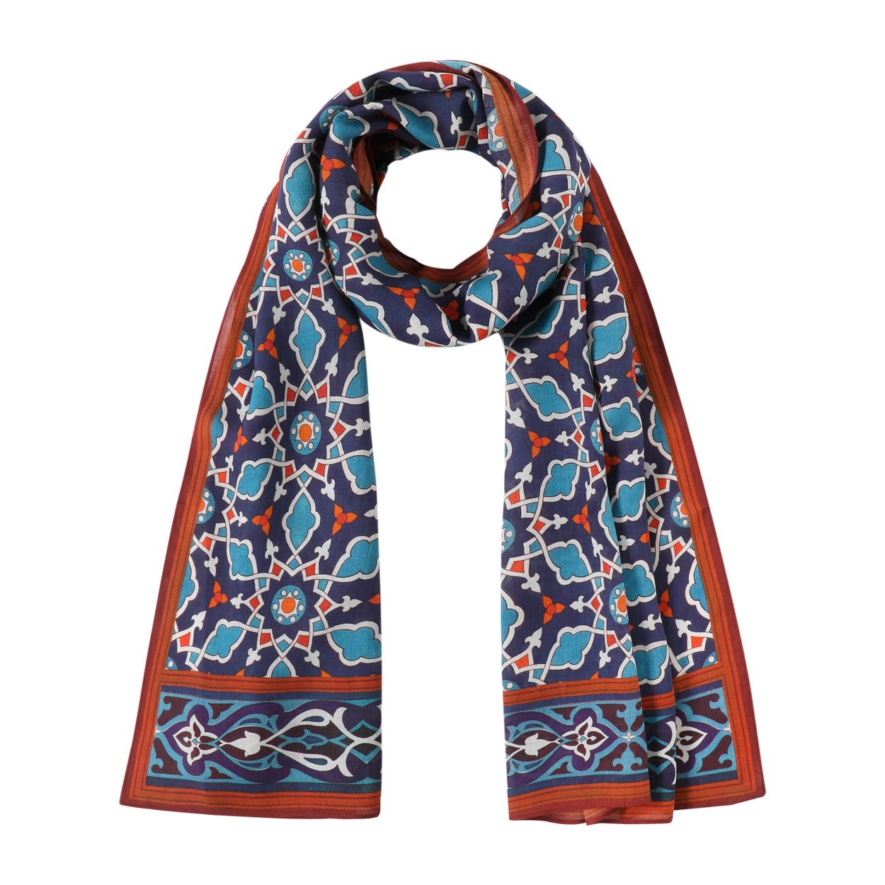 Elegant Islamic art-inspired scarf in navy blue and red, styled as a wrap.
