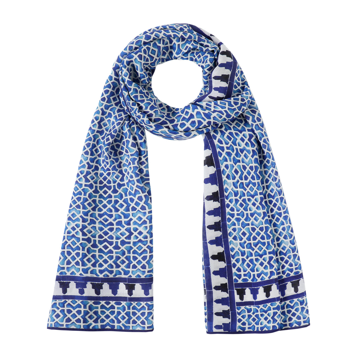 Blue and white neck scarf with Islamic art-inspired print, draped elegantly