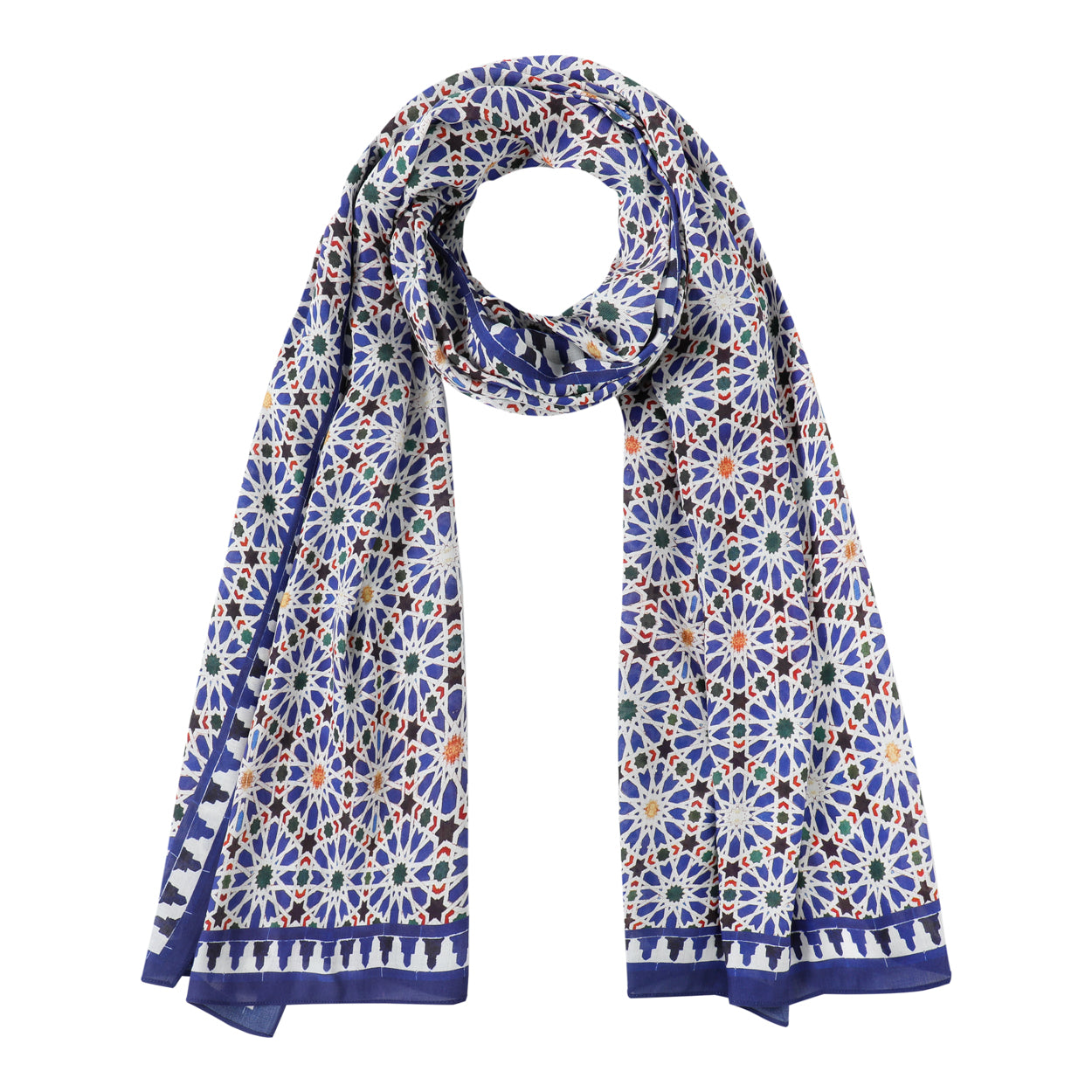 Blue and white scarf inspired by Islamic tessellation art with intricate geometric patterns and colorful accents.