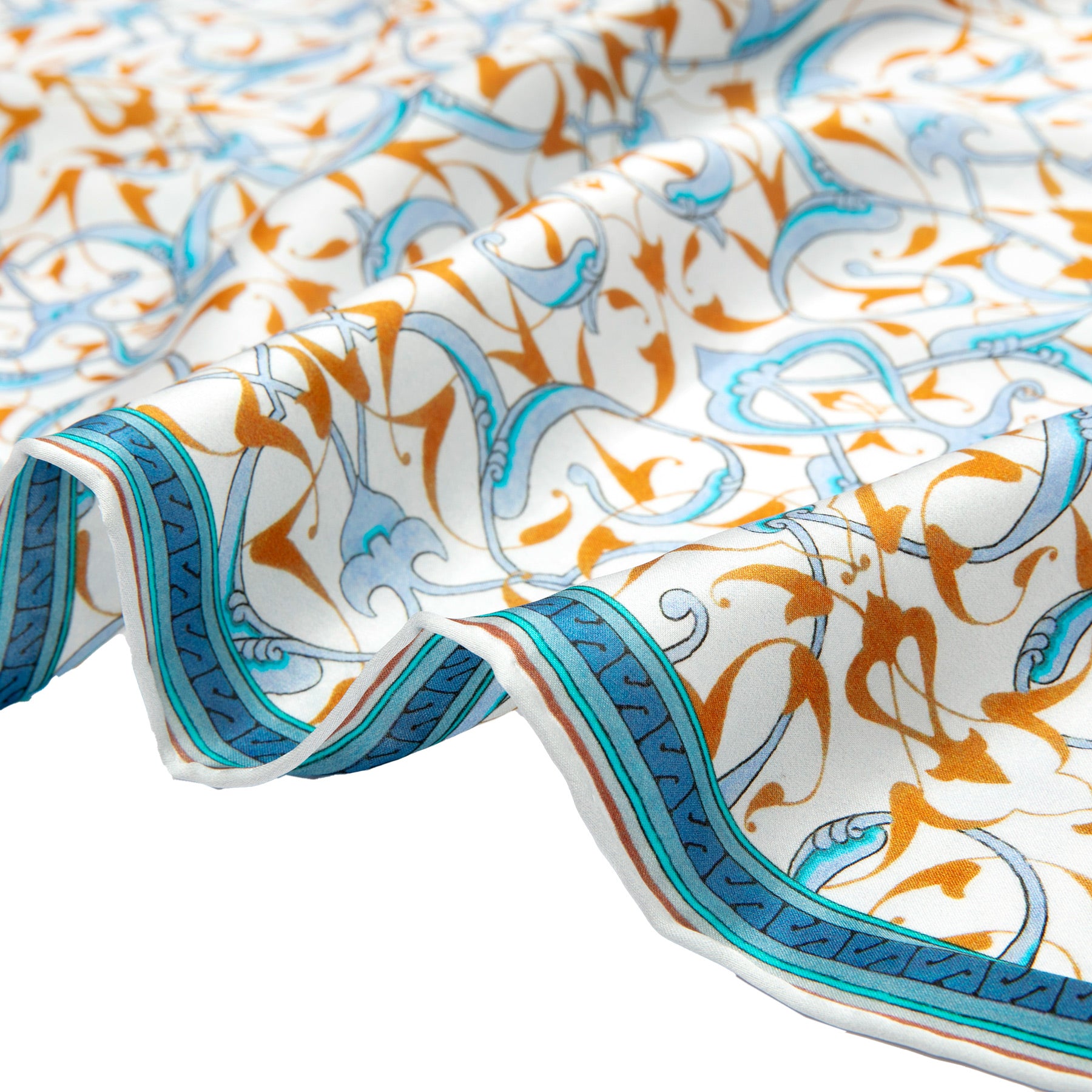 Hand-rolled edge detail of the Blue and White Silk Scarf with Turkish Print Rumi · Double-Sided