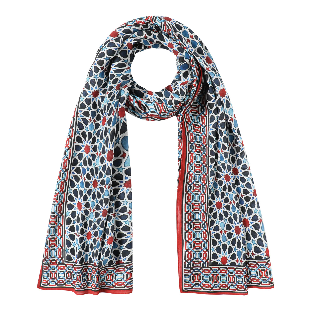 Islamic art-inspired scarf in blue, red, and black by Hamzah.