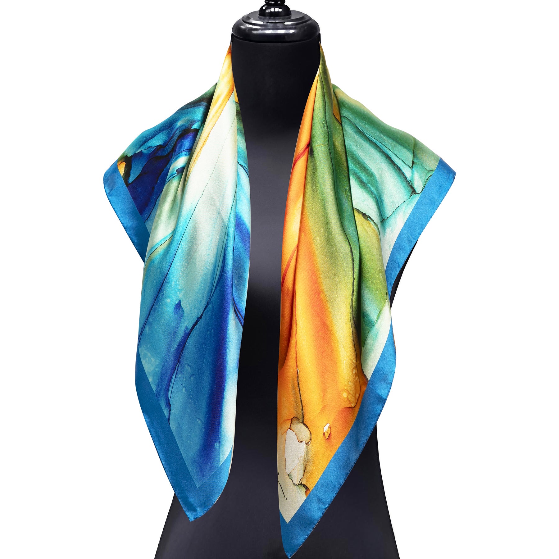 A mannequin displays the Blue and Orange Silk Scarf Square with Fluid Art Print, elegantly draped around its neck.
