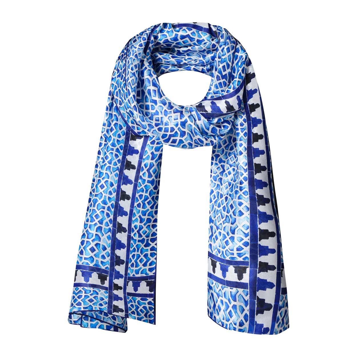 White and blue silk scarf with islamic art print