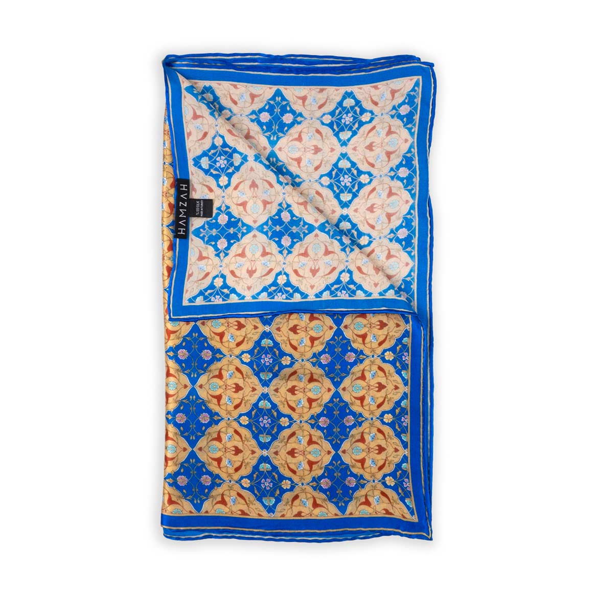Blue Silk Scarf Ottoman Print Tezship, folded showing the Hamzah label
