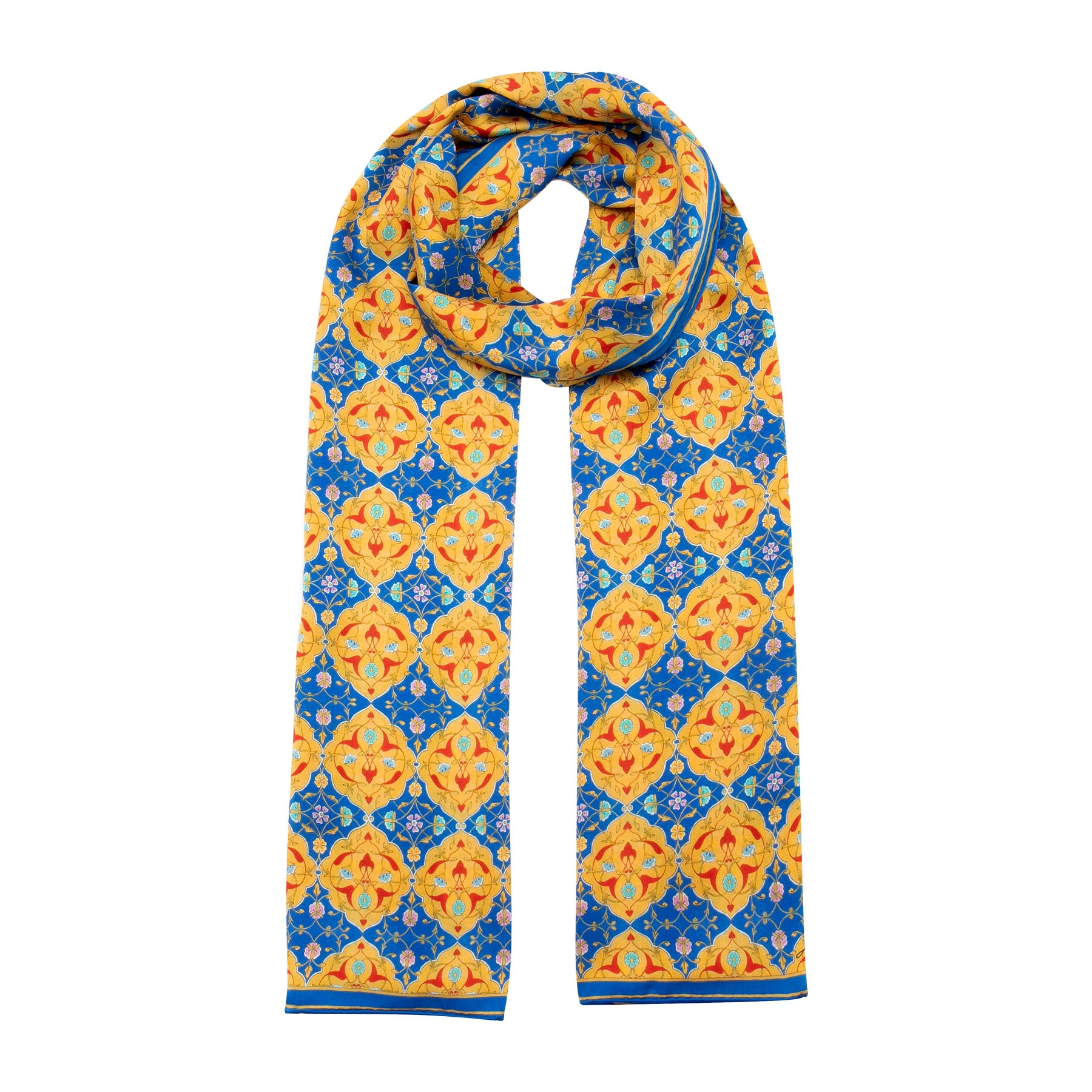 Blue Silk Scarf Ottoman Print Tezship · Double-Sided, draped around the neck