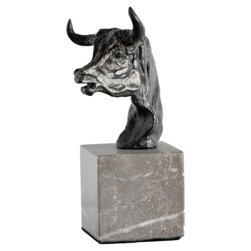 bronze bulls head sculpture on marble base