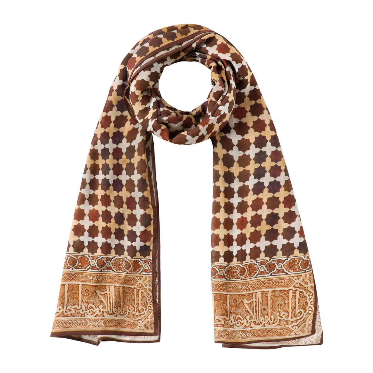 Brown Islamic art-inspired scarf draped elegantly.
