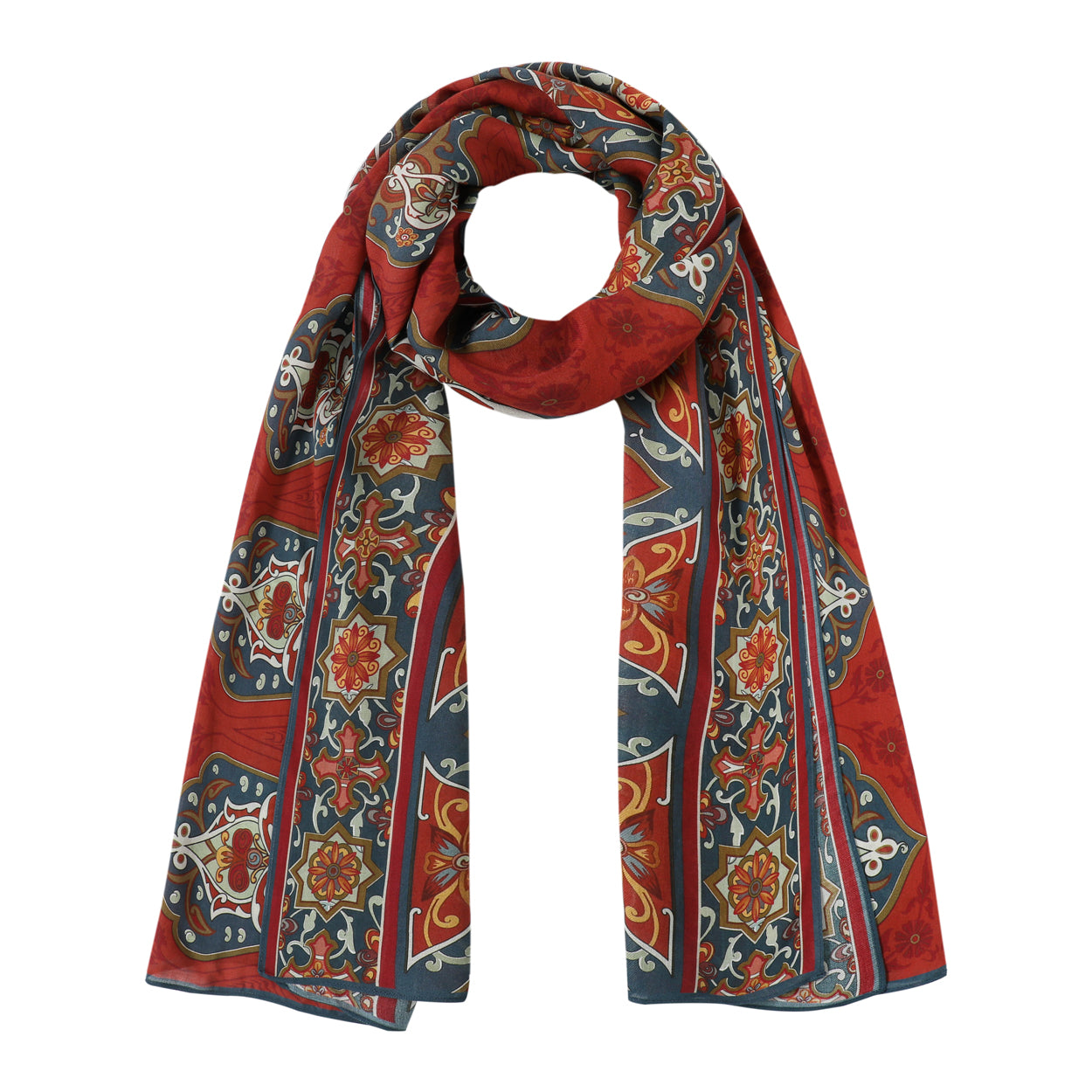 Full view of Bukhara-inspired red and blue scarf.