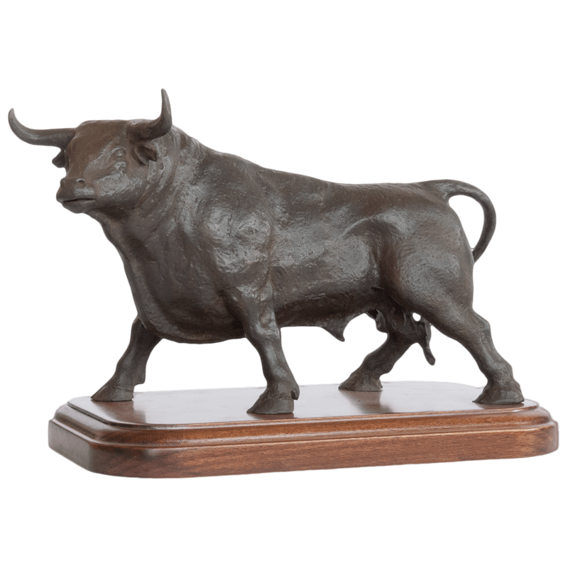 Large bull bronze sculpture mounted on solid wood base