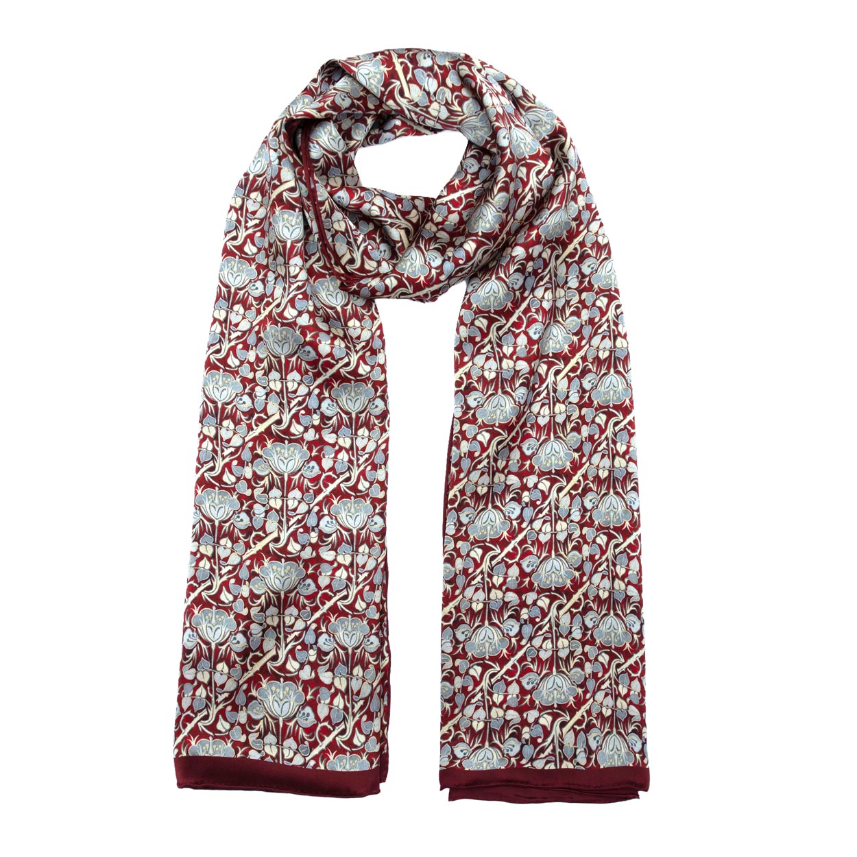 Long burgundy and gray scarf adorned with roses print, loosely wrapped to highlight its intricate pattern and rich colors.