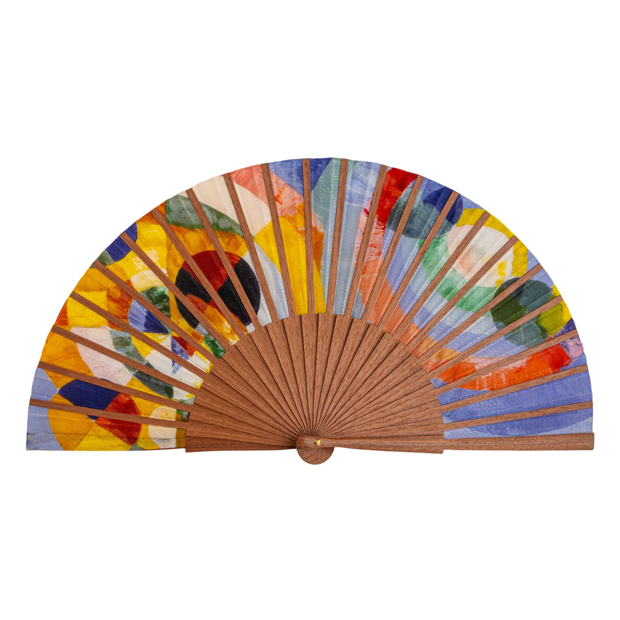 The Robert Delaunay Print Hand Fan Elise fully open, showing the Robert Delaunay circular forms colourful print on silk with natural wooden ribs.
