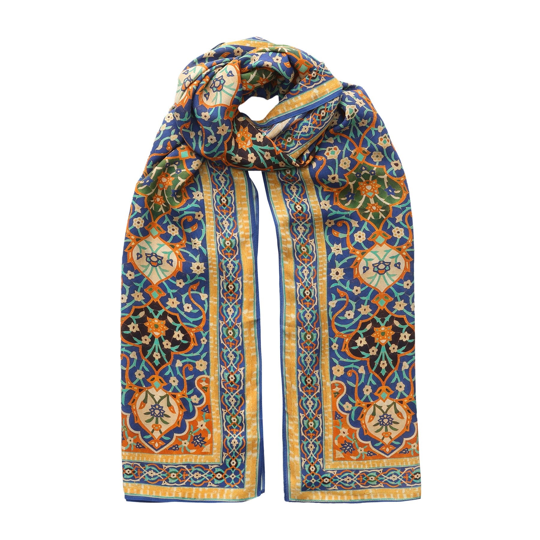 The Itr Modal Scarf folded, showing the Itr Al-Andalus mosaic geometric print on soft modal fabric.
