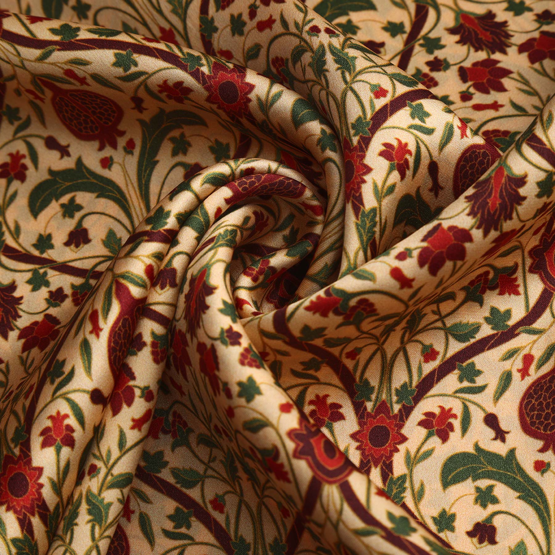 An Art Nouveau Silk Scarf in berry tones, featuring an intricate, repeating floral pattern and a darker, ornate border.