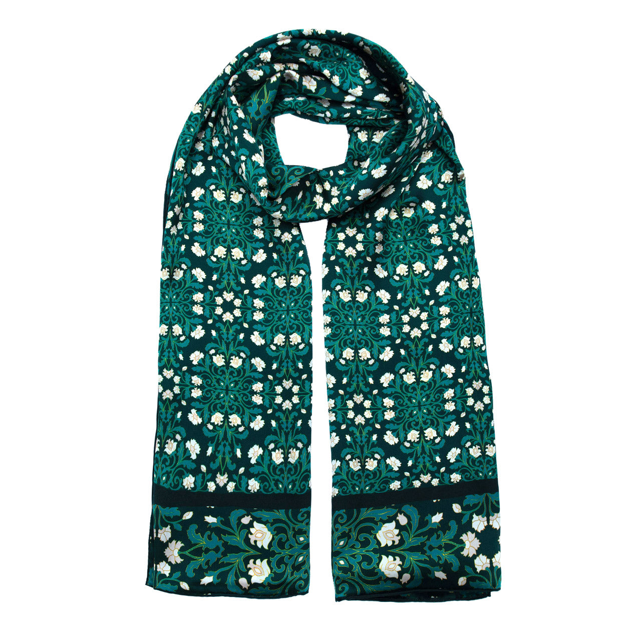 Long green silk scarf draped neatly, showcasing intricate floral motifs in white and subtle golden accents.