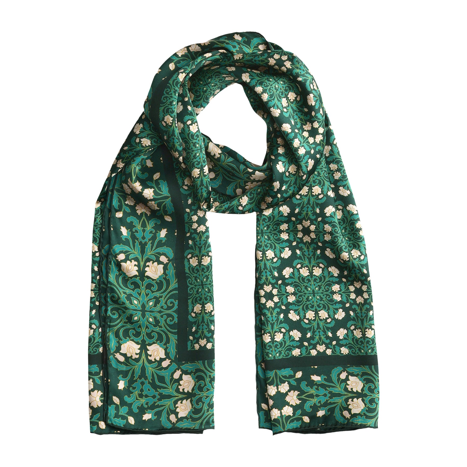Long green silk scarf draped neatly, showcasing intricate floral motifs in white and subtle golden accents.