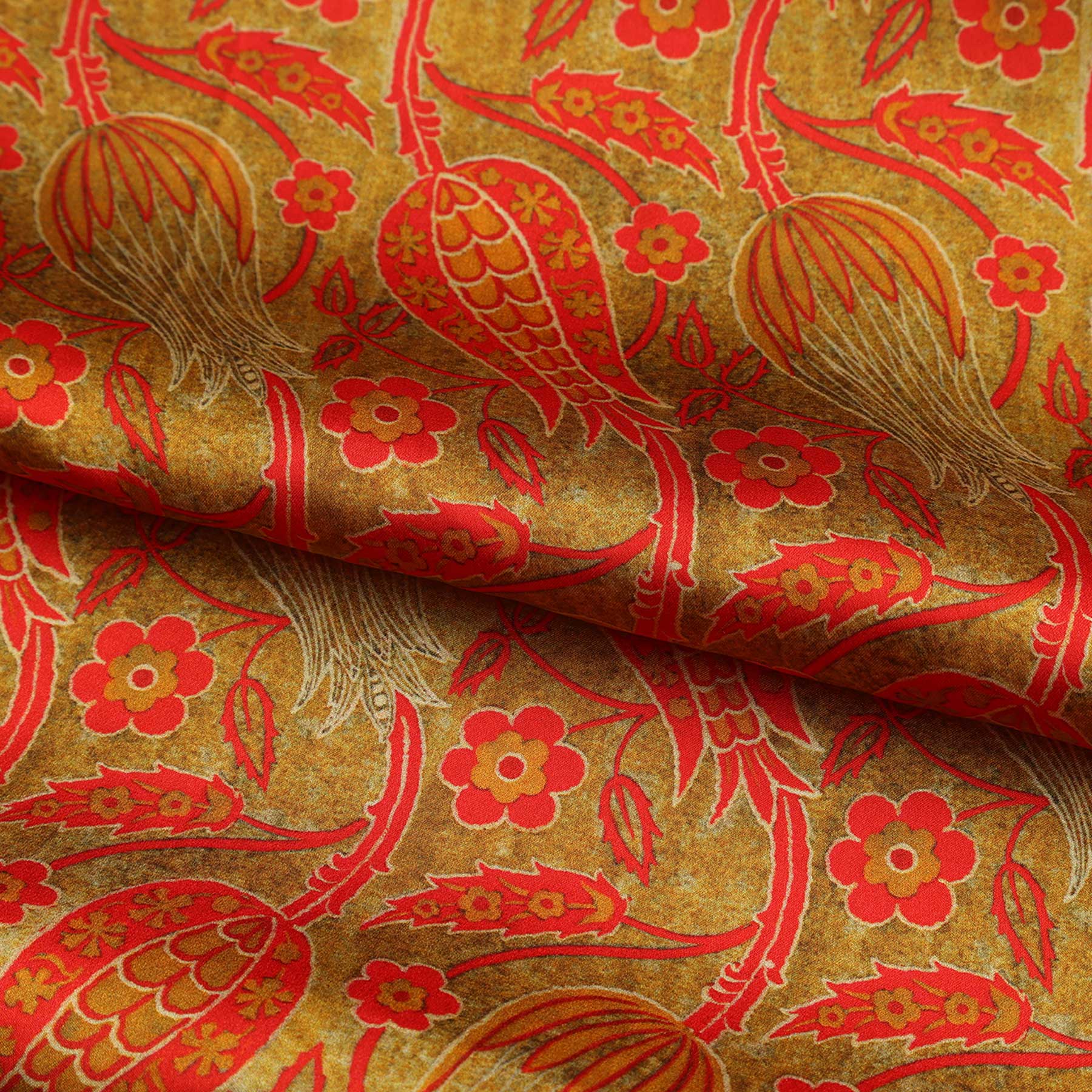 Floral Silk Scarf with Bold Red & Green Accents