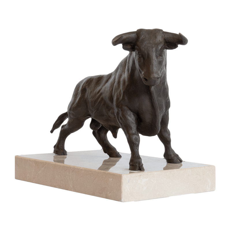 front view fighting bull bronze sculpture mounted on a marble base