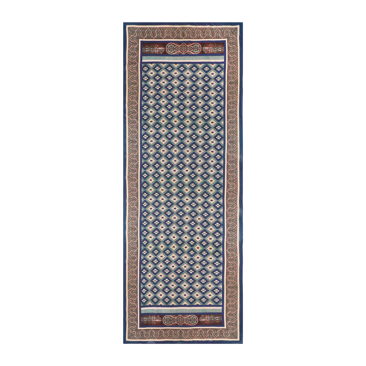 Full-length view of blue and beige geometric scarf.
