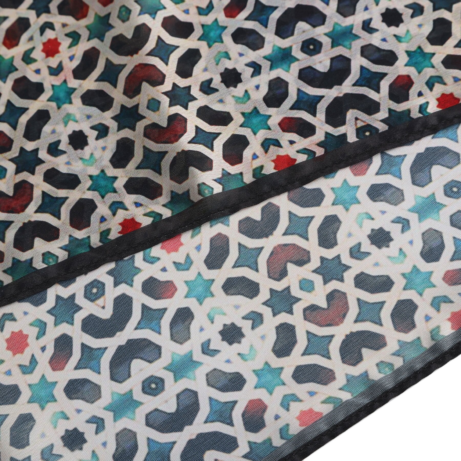Pañuelo Gannat – estampado de mosaico andalusí en antracita y coral, detalle 5