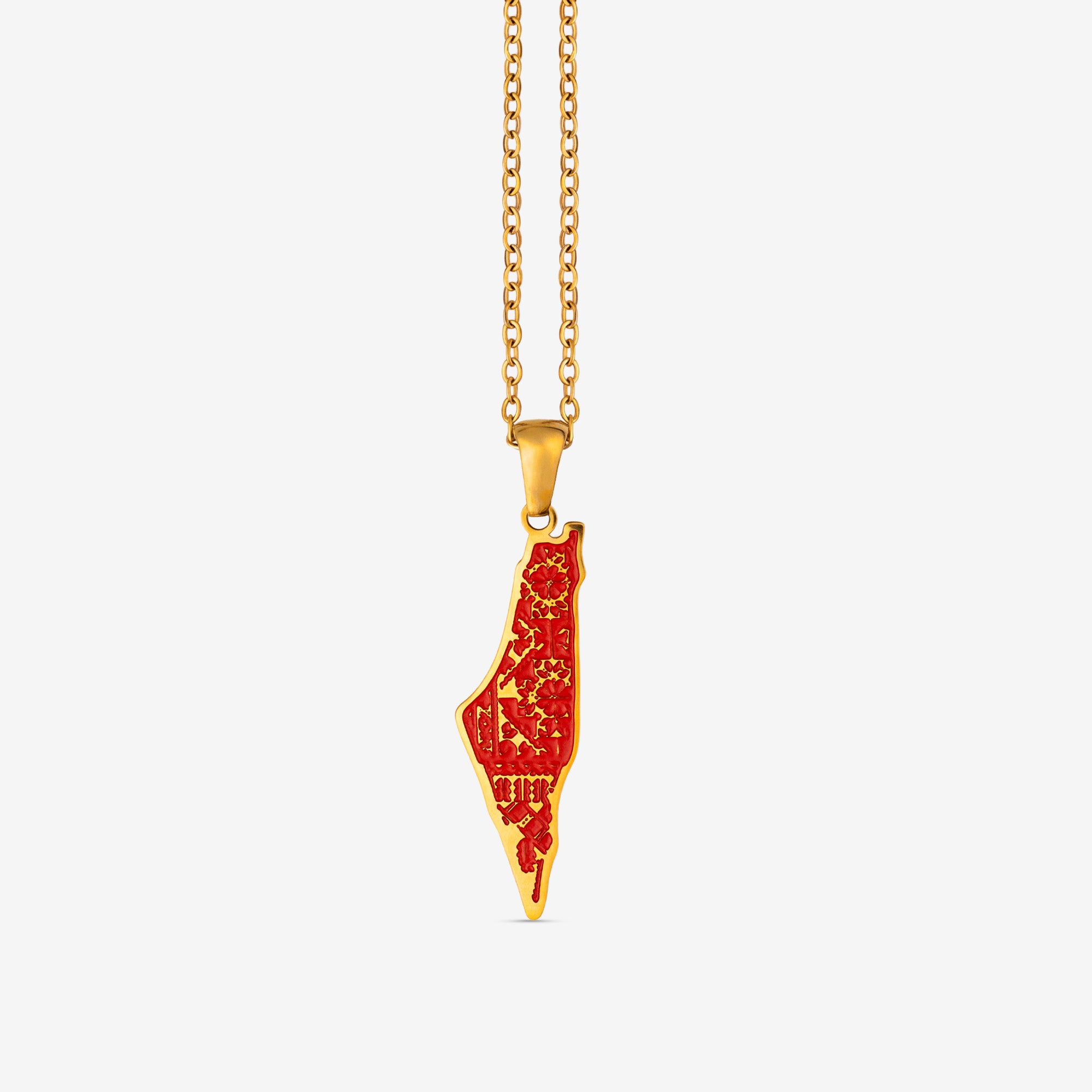 Gold plated Palestine map necklace with red hand-painted tatreez enamel