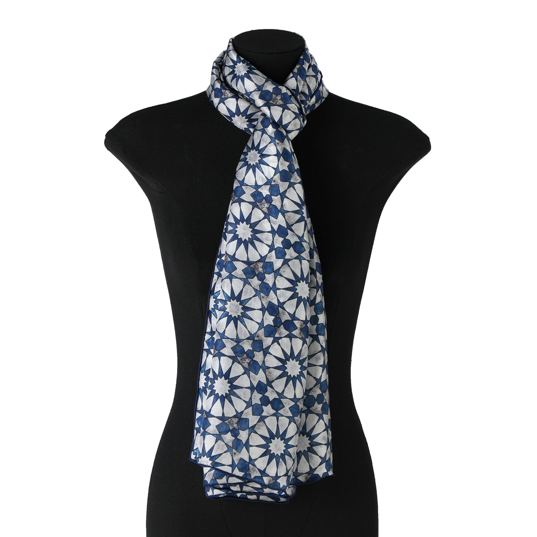 Gray and blue silk scarf with islamic tessellation print