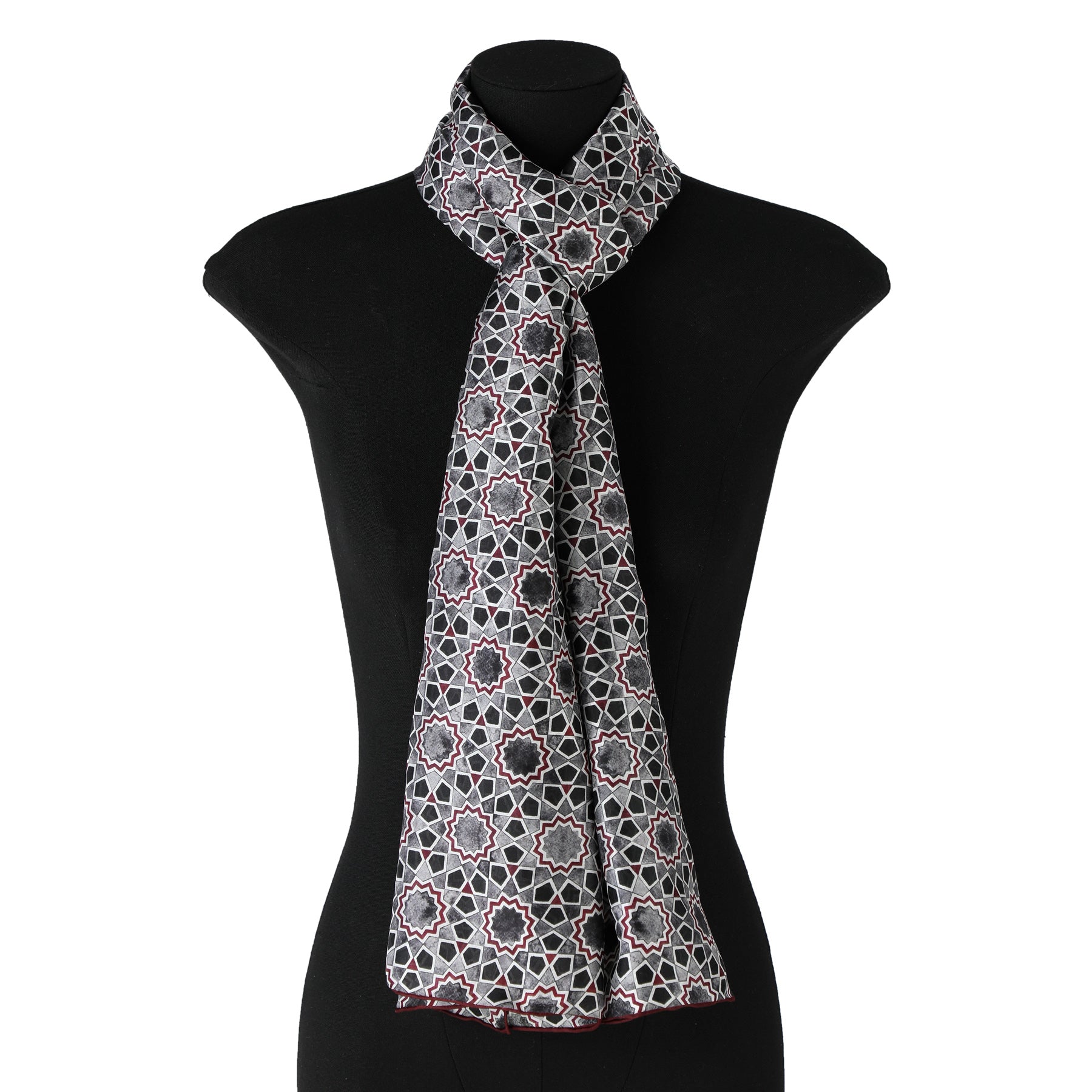 Mannequin with gray and red islamic mosaic art inspired scarf