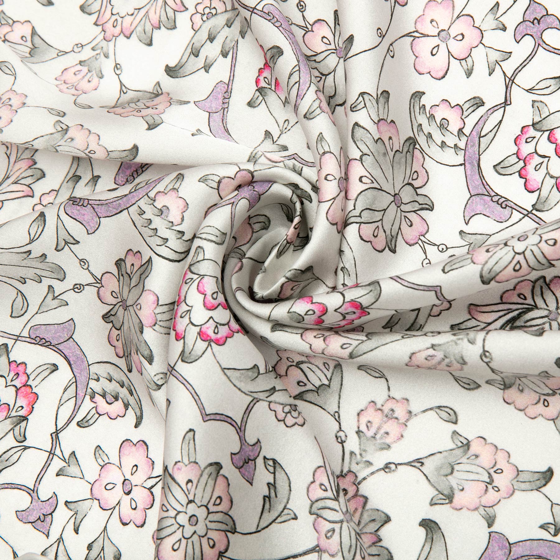 Close-up of the double-sided silk print of the Gray Silk Scarf with Ottoman Floral Print Halkar · Double-Sided