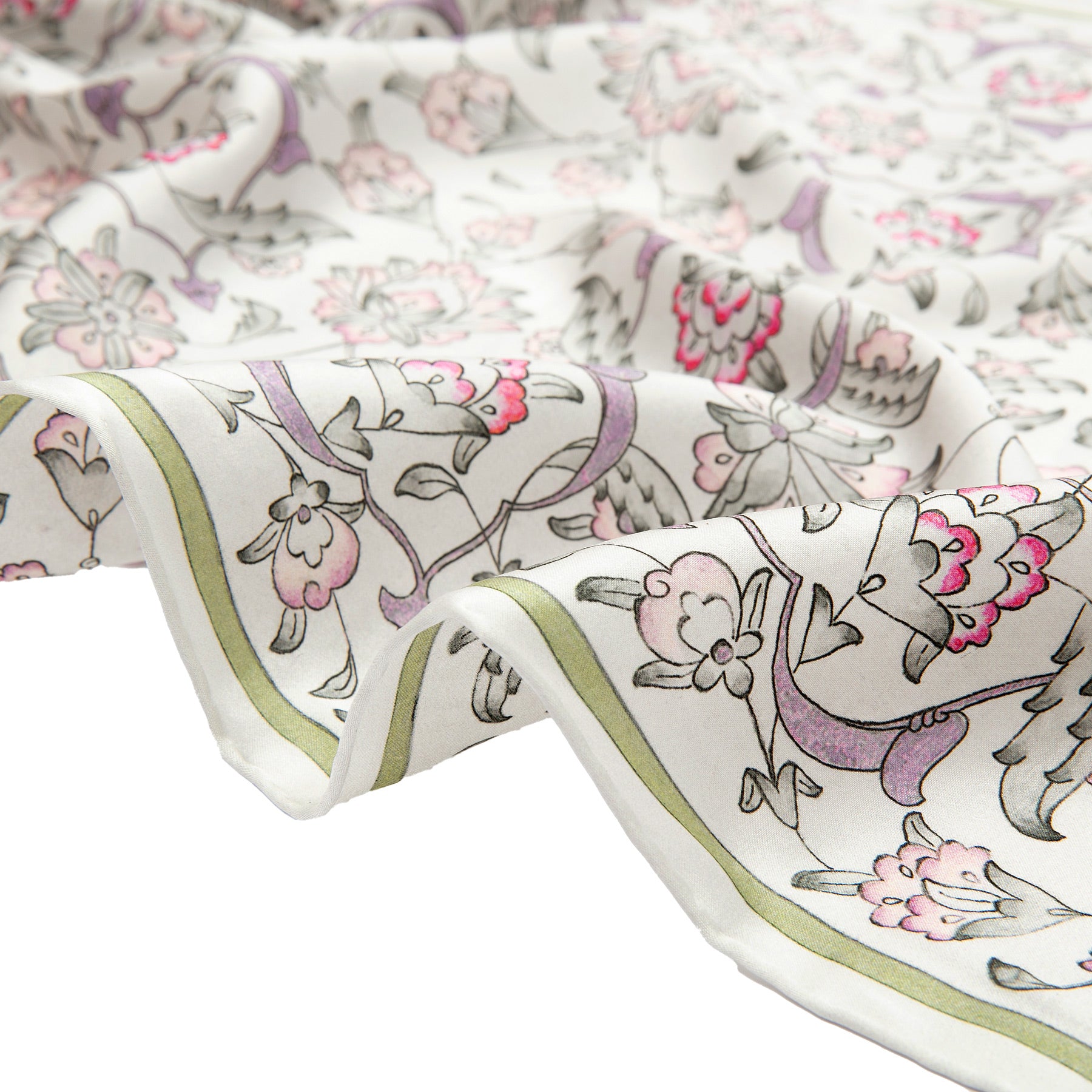 Hand-rolled edge detail of the Gray Silk Scarf with Ottoman Floral Print Halkar · Double-Sided