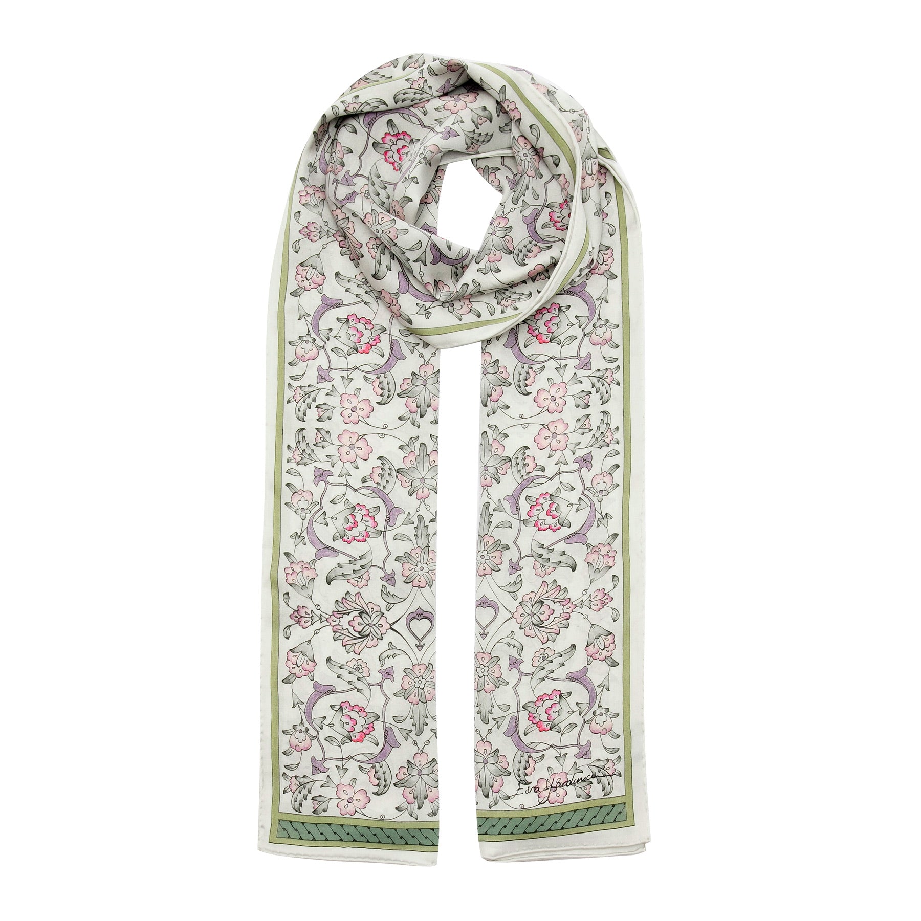 Gray Silk Scarf with Ottoman Floral Print Halkar · Double-Sided, draped around the neck