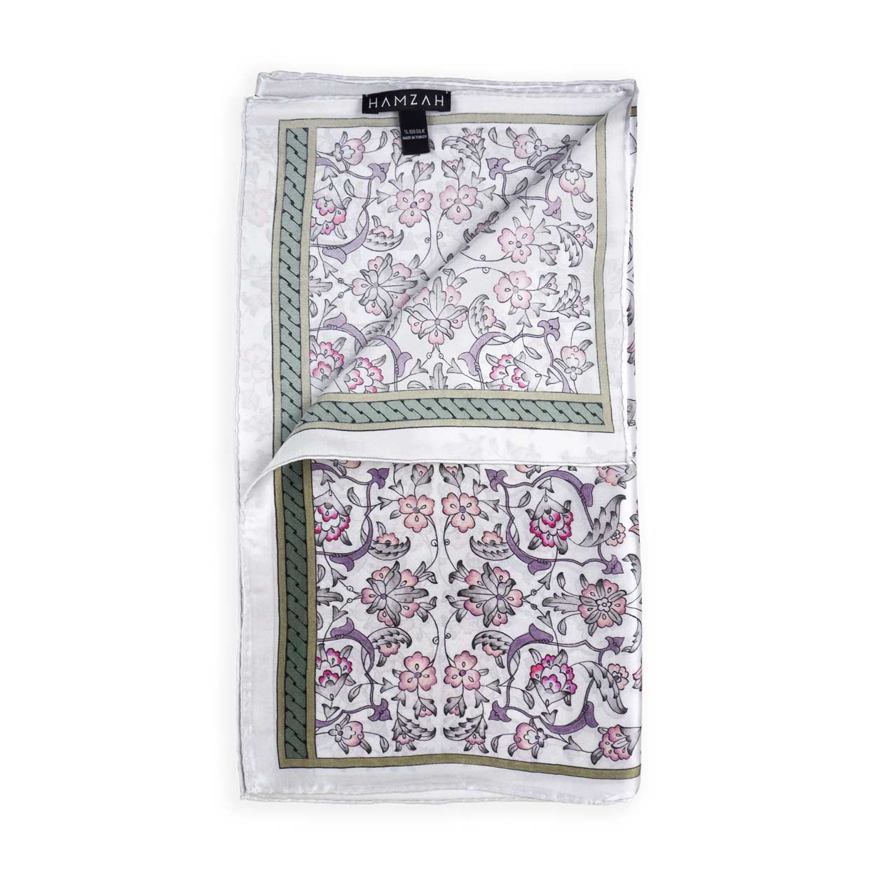 Gray Silk Scarf with Ottoman Floral Print Halkar, folded showing the Hamzah label