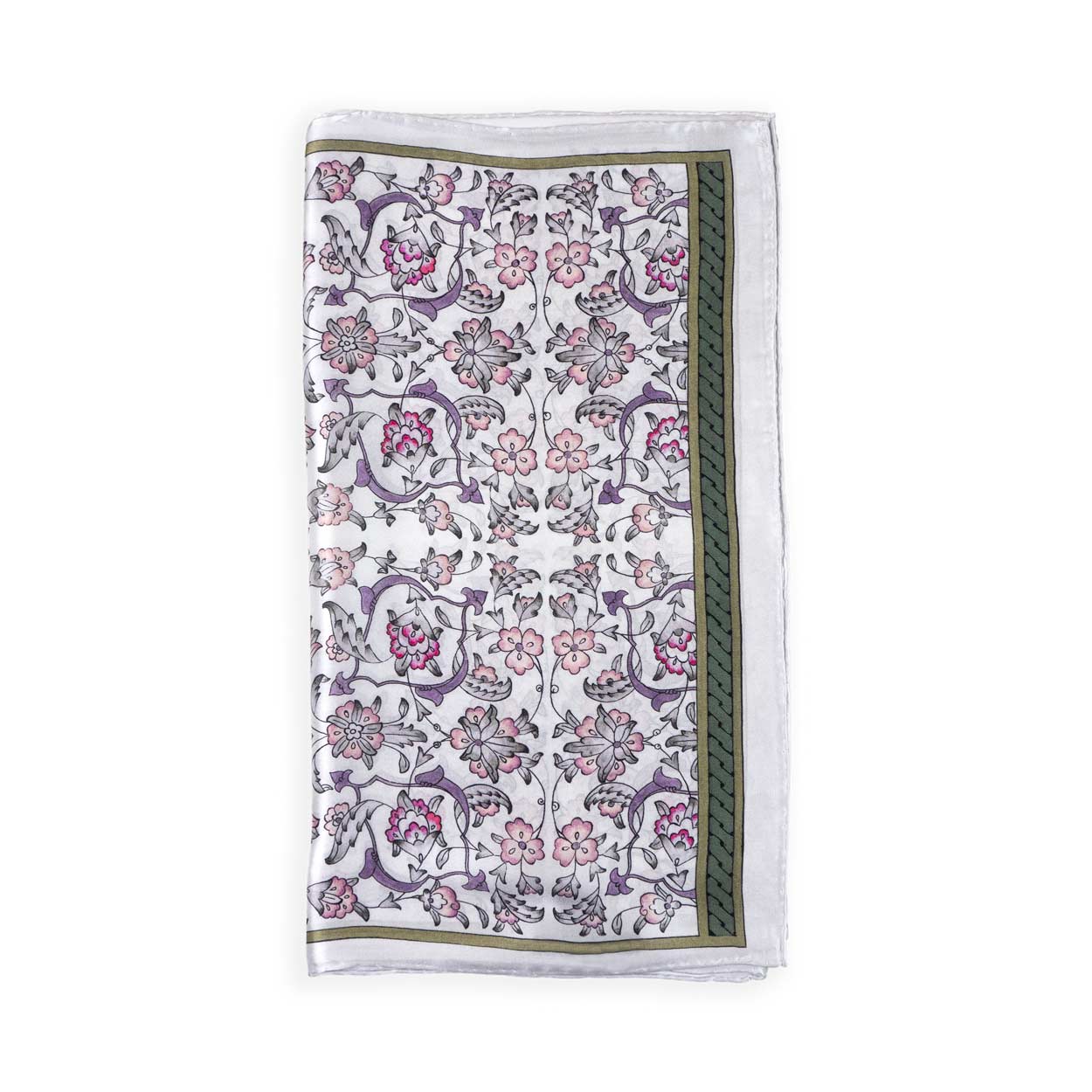Gray Silk Scarf with Ottoman Floral Print Halkar, full view of the print